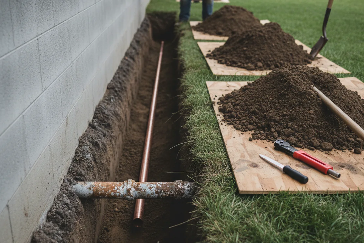 Excavated water line trench during Sewer Line Repair in Winston